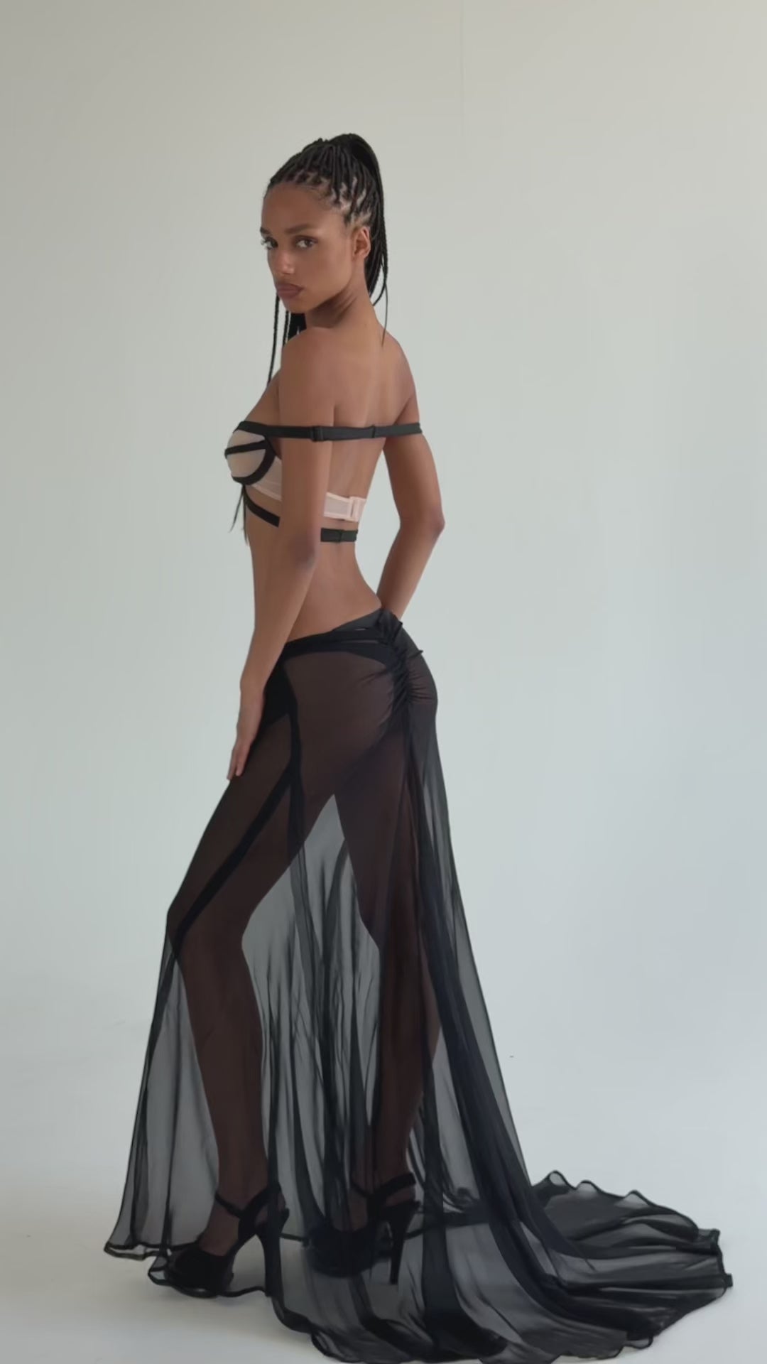noir silk velora skirt in motion, silk chiffon mermaid train by unnamed